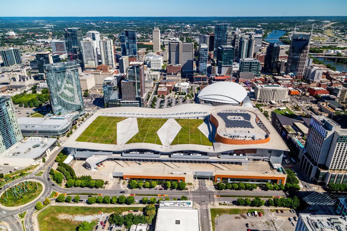 Music City Center and downtown Nashville from above