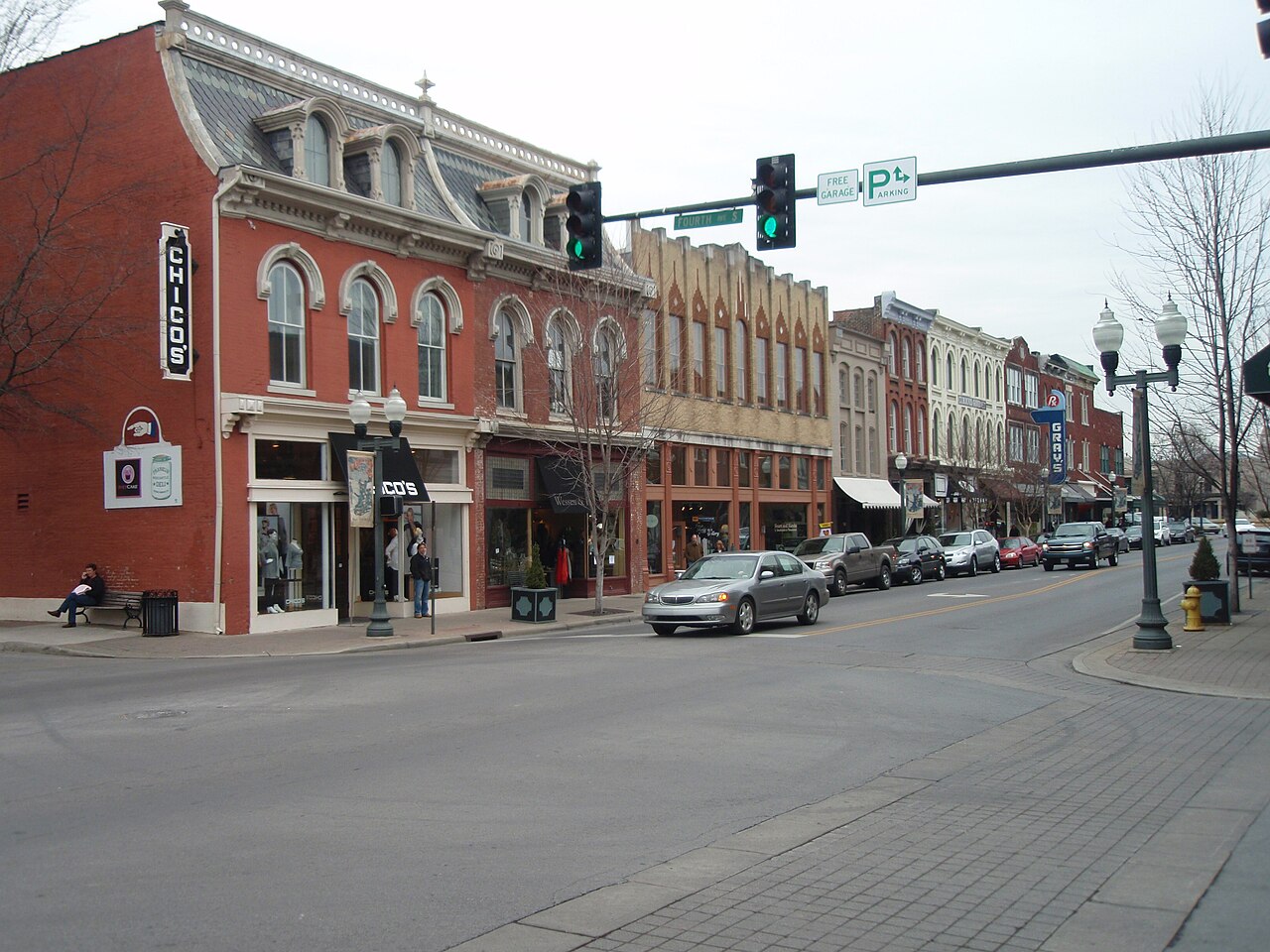 Historic brick storefronts along Main Street in downtown Franklin, Tennessee