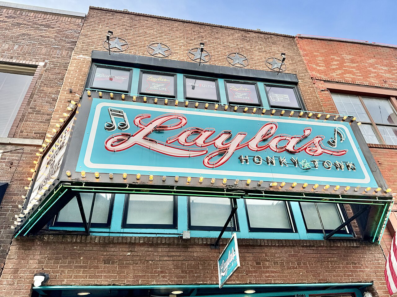 The neon marquee of Layla's Honky Tonk on Broadway